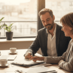 Autónomo revisando facturas y hablando con su asesor en una oficina moderna, clima profesional y cercano
