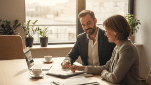 Autónomo revisando facturas y hablando con su asesor en una oficina moderna, clima profesional y cercano