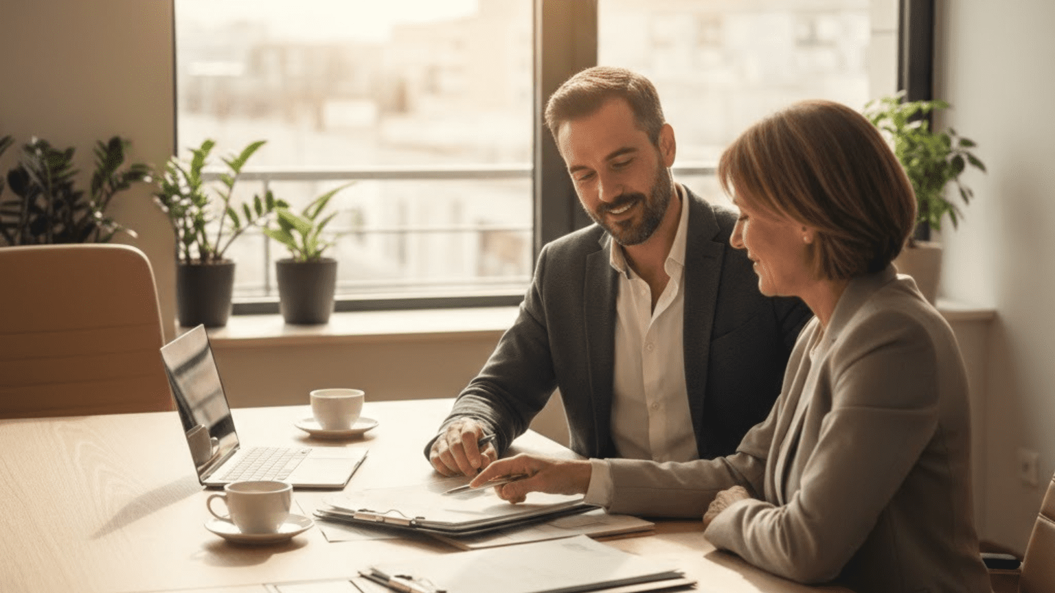 Autónomo revisando facturas y hablando con su asesor en una oficina moderna, clima profesional y cercano
