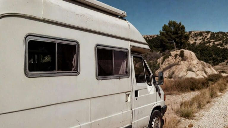 Caravana estacionada en Valencia bajo el sol, con signos de desgaste en pintura y techo, rodeada de clima seco y luz intensa.