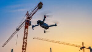 Drone realizando topografía aérea en proyecto de obra civil en España