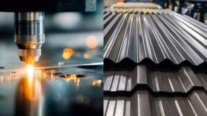 Comparativa visual de corte láser y troquelado metálico en procesos industriales.