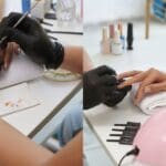 Comparación entre uñas esculpidas y semipermanentes en manos femeninas en centro de manicura profesional