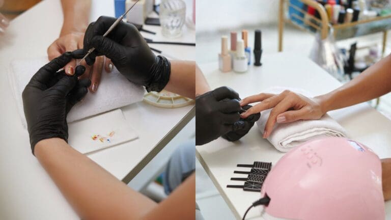 Comparación entre uñas esculpidas y semipermanentes en manos femeninas en centro de manicura profesional