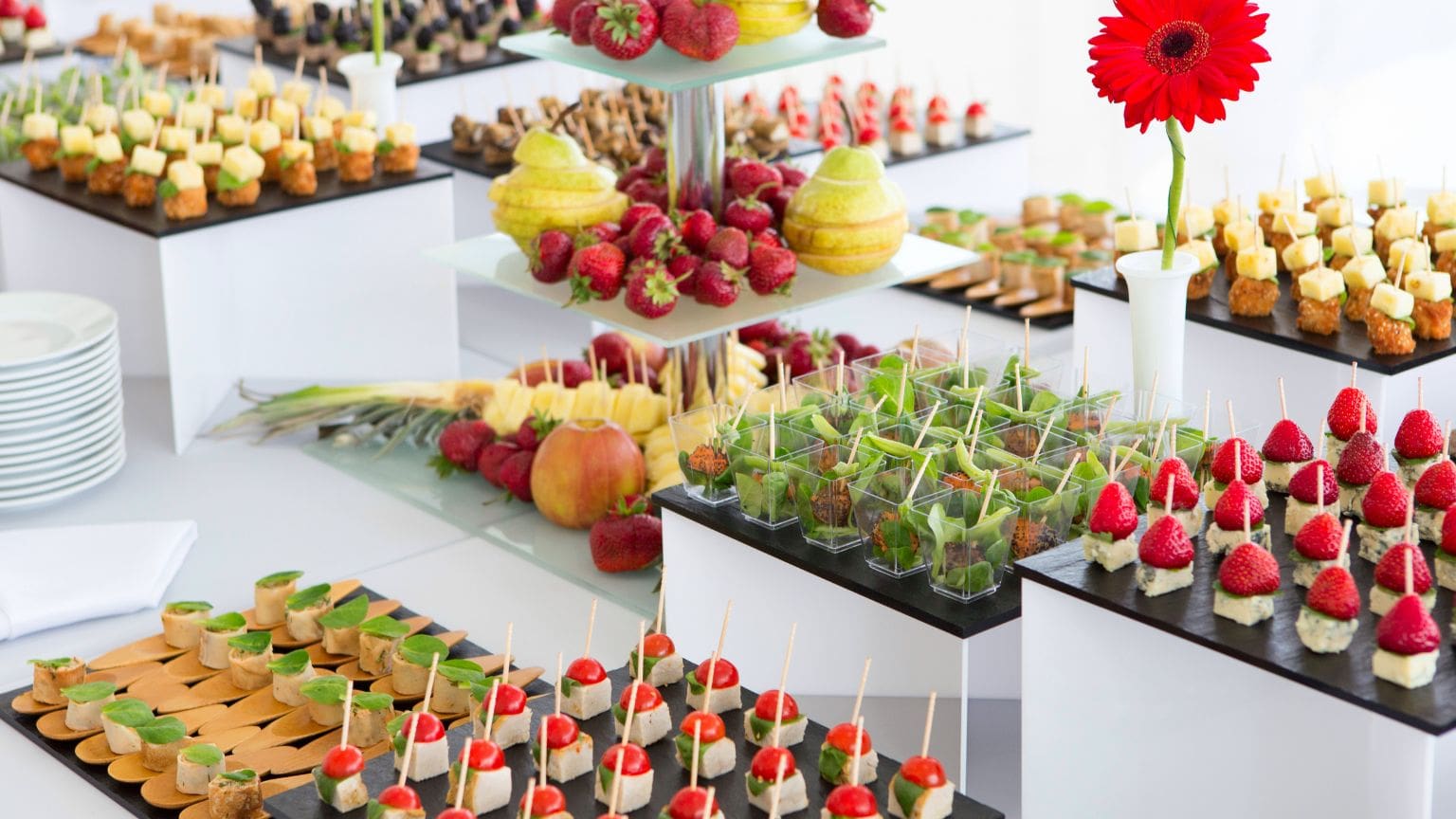 Mesa de catering variado con opciones dulces, saladas, veganas y sin gluten para diferentes tipos de invitados en eventos
