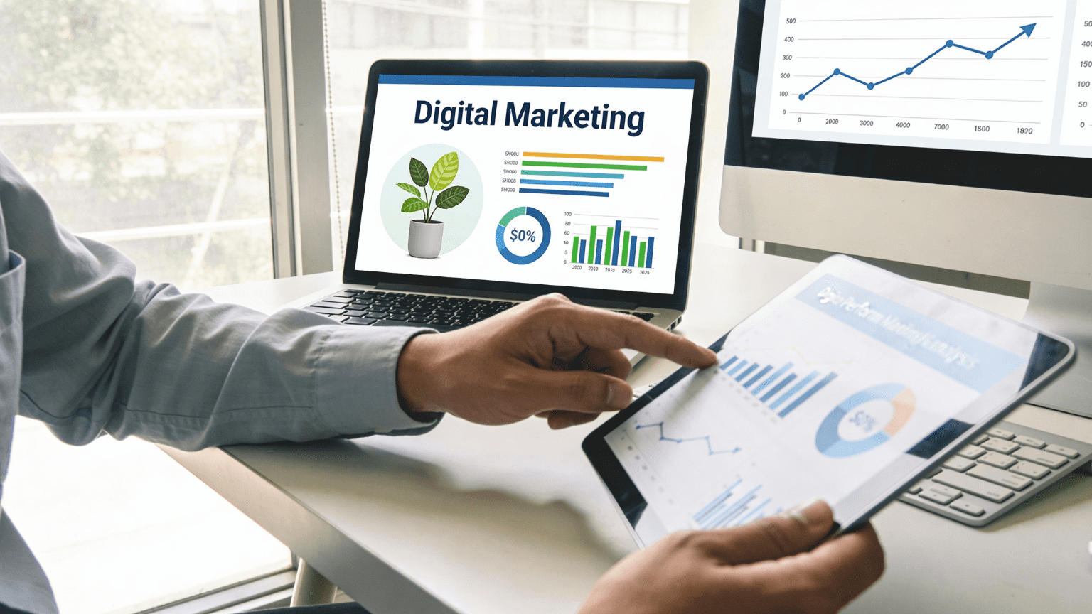 Esquema visual sobre qué es una estrategia de marketing digital con equipo trabajando en laptops, gráficos y notas en una mesa de oficina.