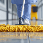 Profesional realizando limpieza post obra en un salón recién reformado
