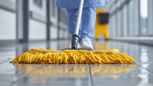 Profesional realizando limpieza post obra en un salón recién reformado