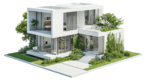 Vivienda moderna rodeada de vegetación que refleja un ejemplo de arquitectura sostenible.
