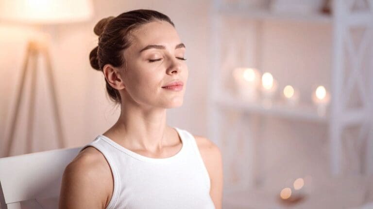 Mujer en sesión de terapia holística en un espacio relajante, recibiendo orientación emocional en un entorno de calma y confianza.