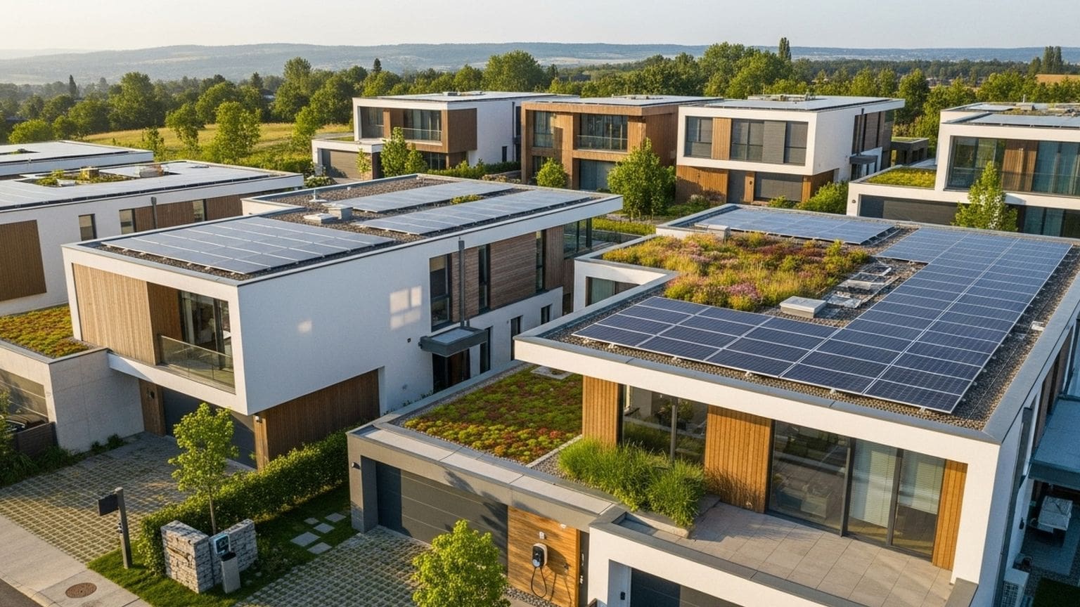 Vista aérea de ciudad moderna con zonas verdes, espacios públicos y movilidad sostenible, representando el concepto de urbanismo sostenible actual