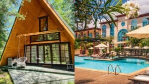 : Persona comparando casa rural vs hotel en un ordenador antes de reservar sus vacaciones