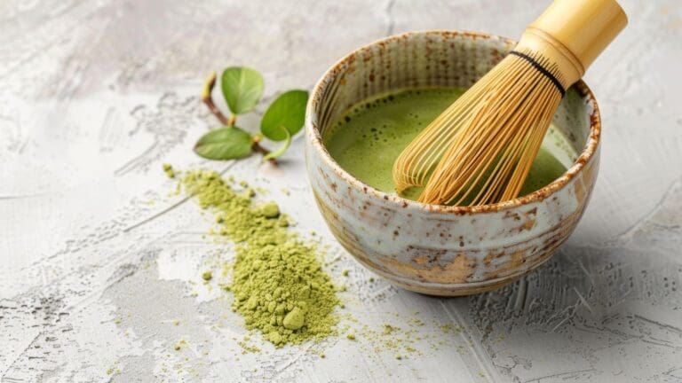 Recetas con matcha mostrando matcha en polvo y preparaciones saludables en mesa clara