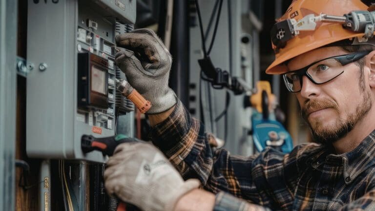 Revisión de instalación eléctrica segura en vivienda con electricista comprobando el cuadro eléctrico
