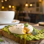 Mesa con desayuno completo y café en cafetería acogedora de Madrid