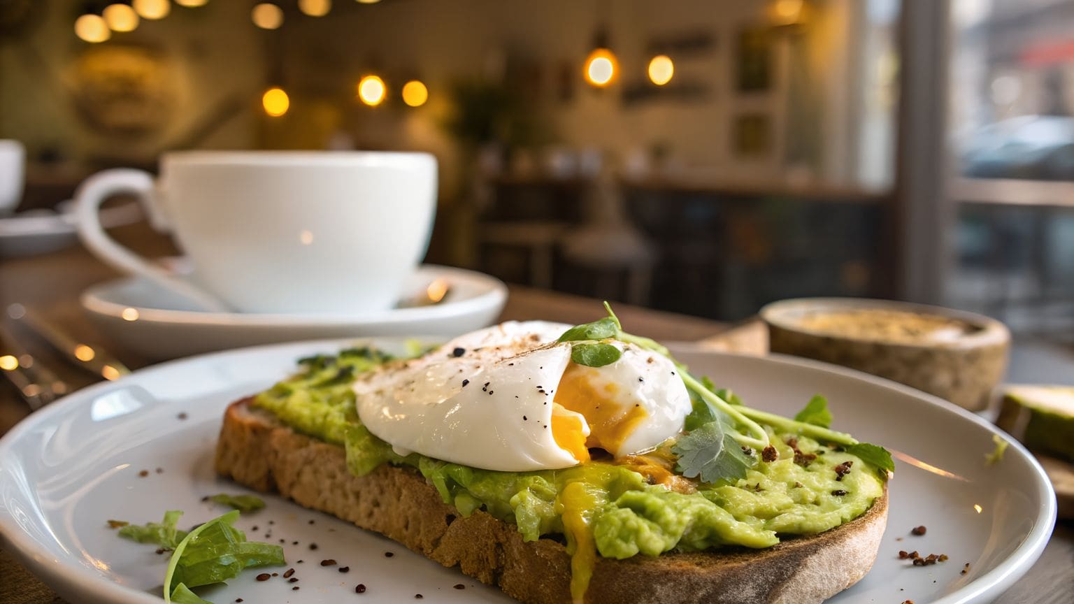 Mesa con desayuno completo y café en cafetería acogedora de Madrid