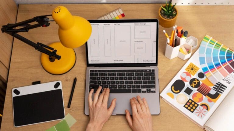 Consultora estratégica trabajando el proceso de una agencia de branding con esquema visual de estrategia de marca sobre mesa minimalista