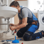 Fontanero urgente en Palma de Mallorca reparando una fuga de agua en un baño moderno.