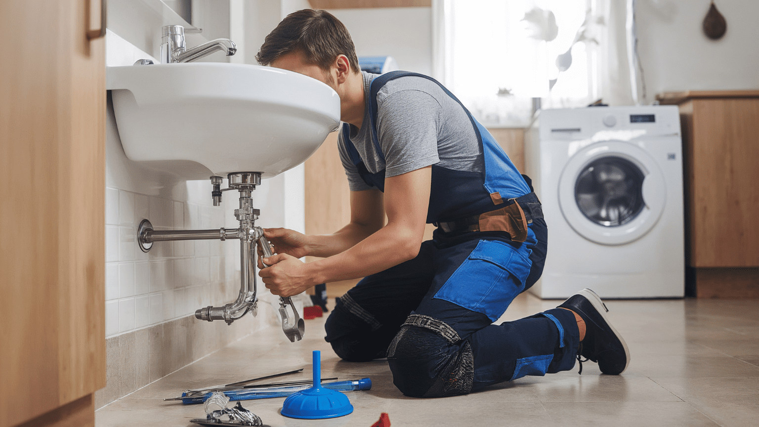 Fontanero urgente en Palma de Mallorca reparando una fuga de agua en un baño moderno.