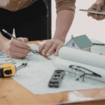Arquitecto revisando planos técnicos para tramitar una licencia de obra en Madrid.