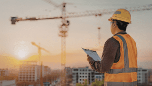 Empresa constructora moderna integrando tecnología digital en obra.