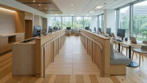 Arquitectura corporativa en oficina moderna con diseño arquitectónico funcional y espacios de trabajo productivos