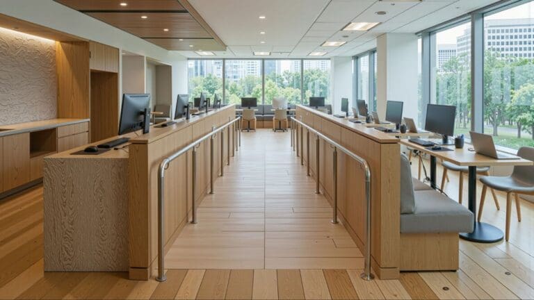 Arquitectura corporativa en oficina moderna con diseño arquitectónico funcional y espacios de trabajo productivos