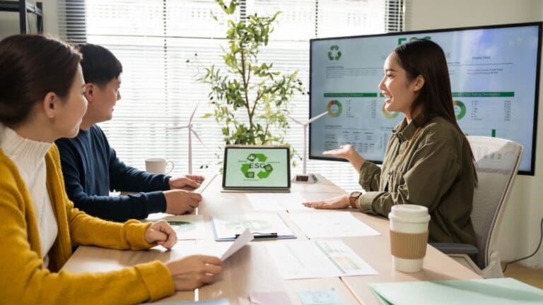 Planificación de sostenibilidad empresarial y estrategia ESG en reunión corporativa