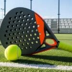 palas de pádel de carbono con balón en pista exterior de césped artificial