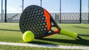 palas de pádel de carbono con balón en pista exterior de césped artificial