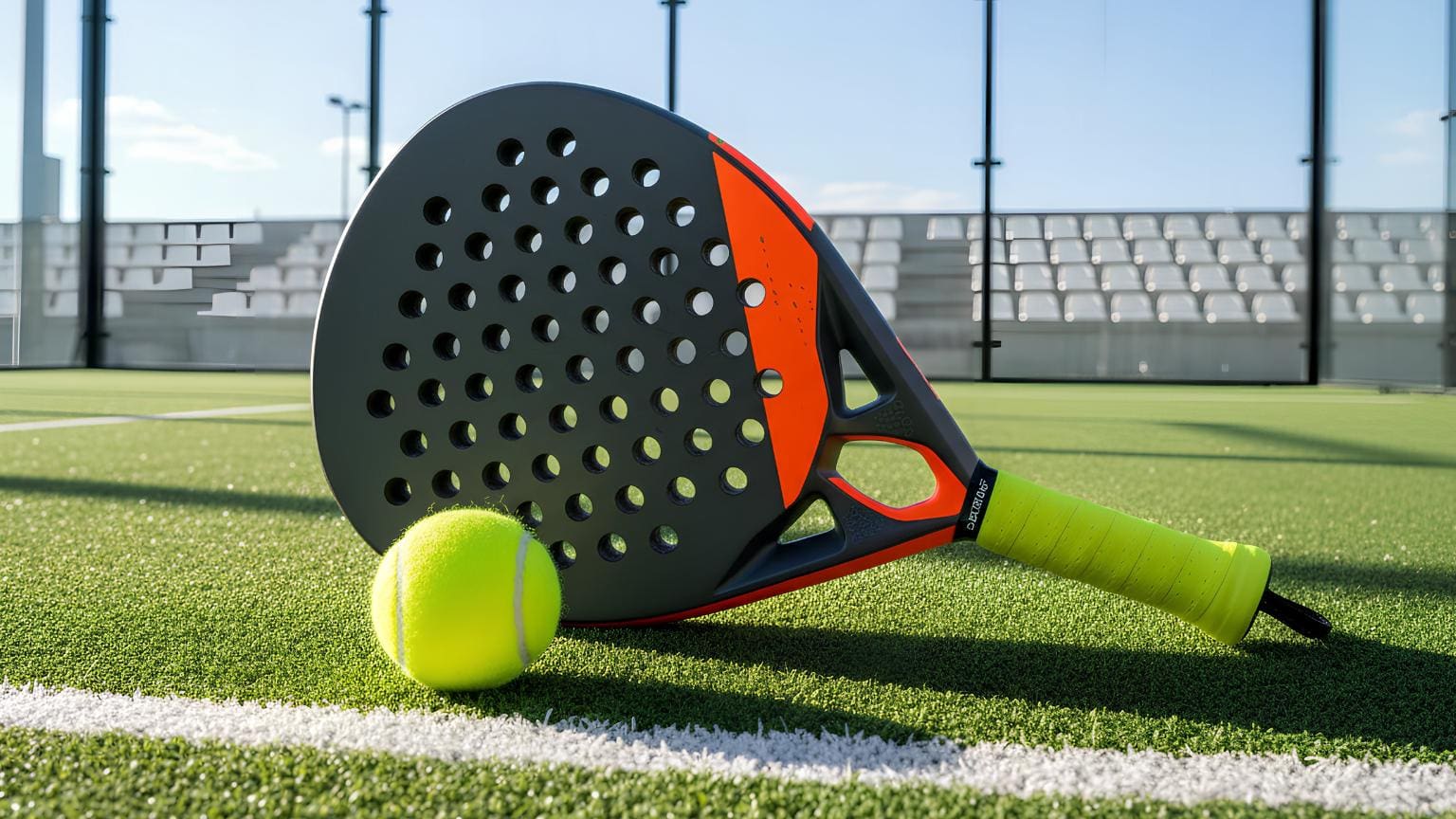 palas de pádel de carbono con balón en pista exterior de césped artificial