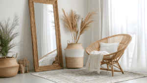 decoración con materiales naturales en salón moderno y acogedor.