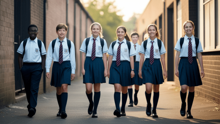 Estudiantes de primaria utilizando uniformes escolares en el colegio